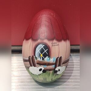 Hand Painted Wooden Egg Signed Farmhouse Scene Sheep Candle Folk Art Decor